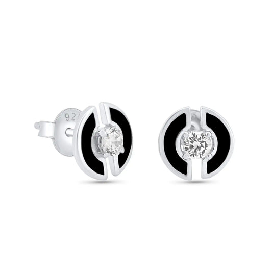 925 Sterling Silver Rhodium Plated Enamel Double Half Circle Stud 11mm Earrings