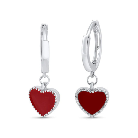 925 Sterling Silver Rhodium Plated Red Enamel Heart 10mm Hoop Earrings