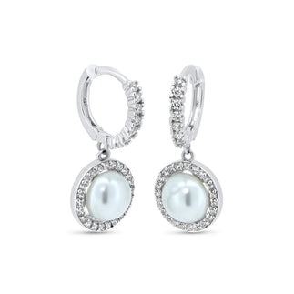 925 Sterling Silver Rhodium Plated CZ Mother of Pearl 11.2mm Hoop Earrings