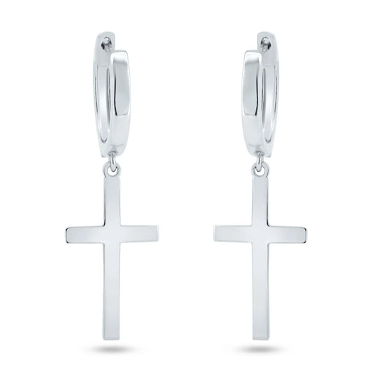 925 Sterling Silver Rhodium Plated Dangling Cross 13.4mm Hoop Huggie Earrings