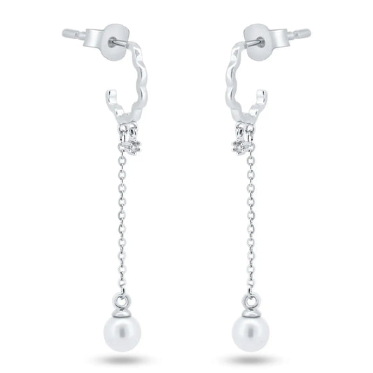 925 Sterling Silver Rhodium Plated Dangling Pearl Semi Hoop CZ Earrings