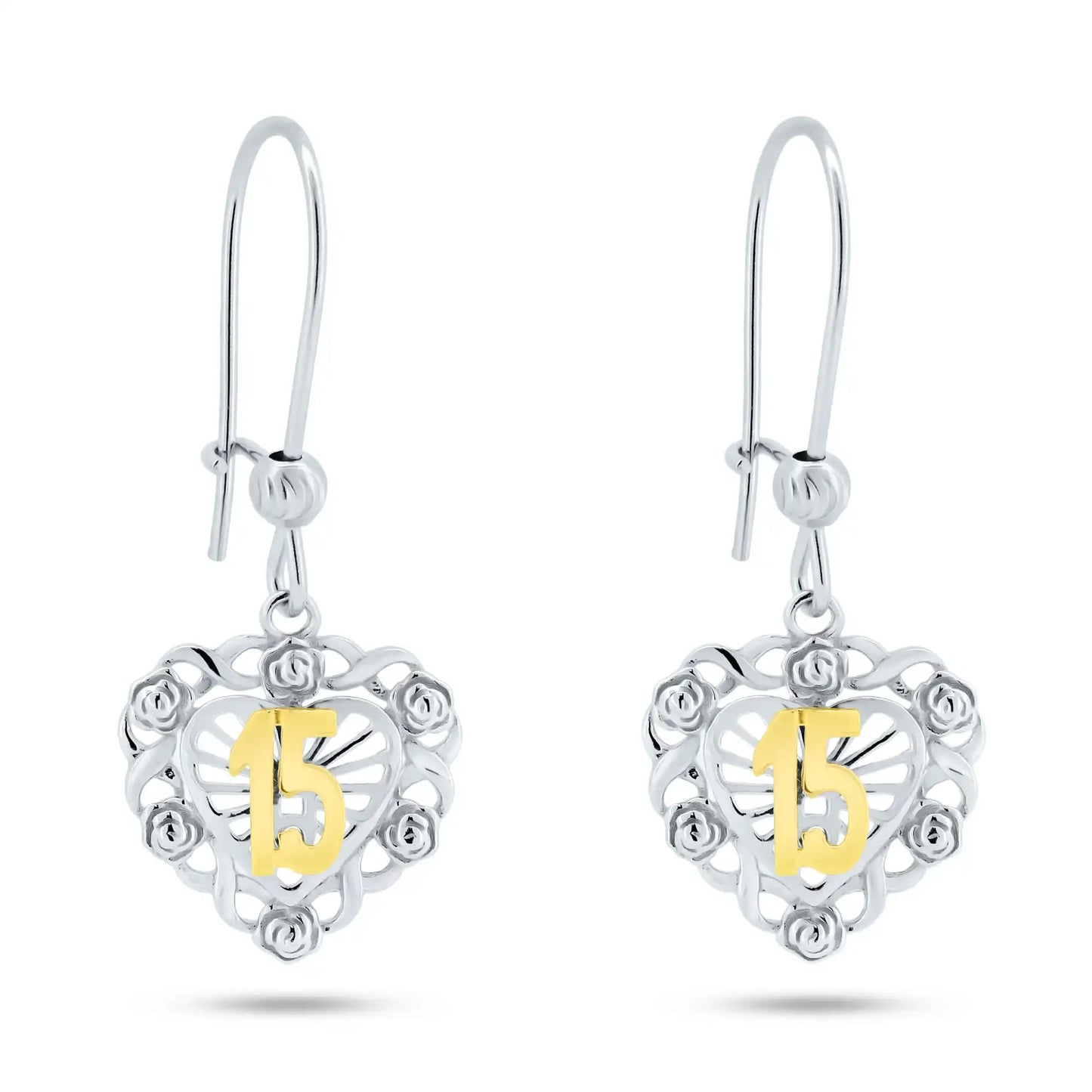925 Sterling Silver Rhodium Plated Dangling Heart Quinceanera Earrings