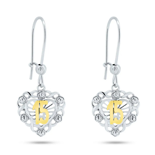 925 Sterling Silver Rhodium Plated Dangling Heart Quinceanera Earrings