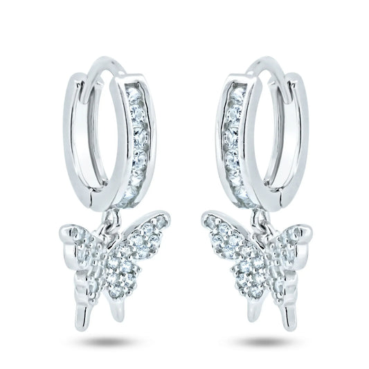 925 Sterling Silver Rhodium Plated Dangling Butterfly Huggie Earrings