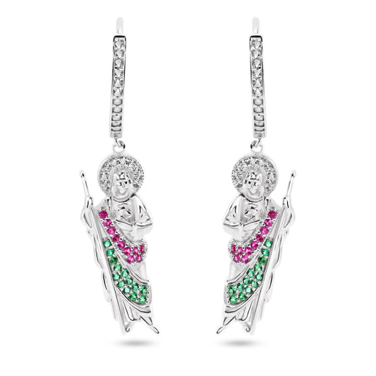 925 Sterling Silver Rhodium Plated Dangling St Jude Hoop Clear CZ Earrings