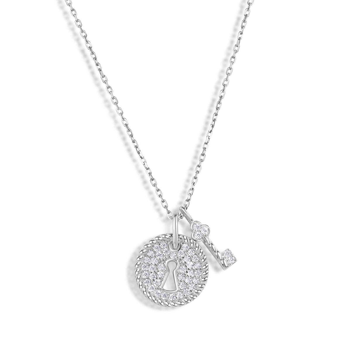 925 Sterling Silver Rhodium Plated Lock and Key Necklace