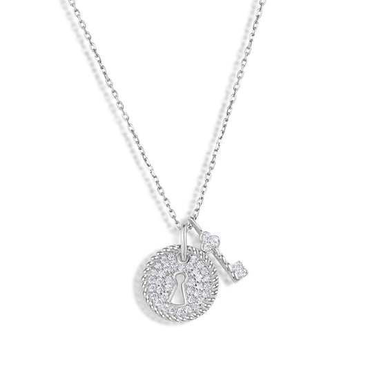 925 Sterling Silver Rhodium Plated Lock and Key Necklace