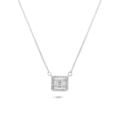 925 Sterling Silver Rhodium Plated Round Baguette CZ Square Necklace