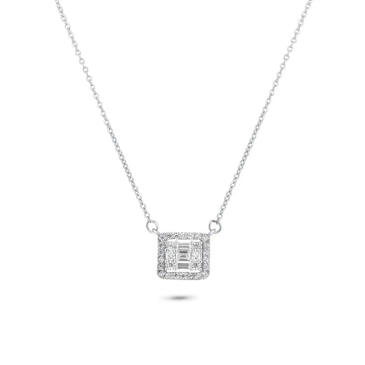 925 Sterling Silver Rhodium Plated Round Baguette CZ Square Necklace