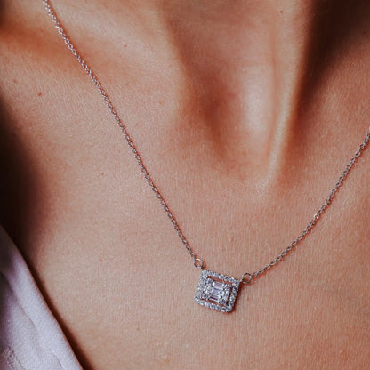 925 Sterling Silver Rhodium Plated Round Baguette CZ Square Necklace