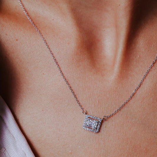 925 Sterling Silver Rhodium Plated Round Baguette CZ Square Necklace