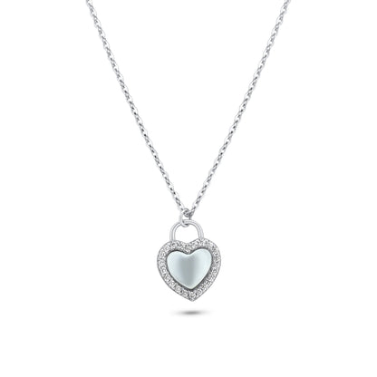 925 Sterling Silver Rhodium Plated Heart CZ Mother of Pearl Necklace