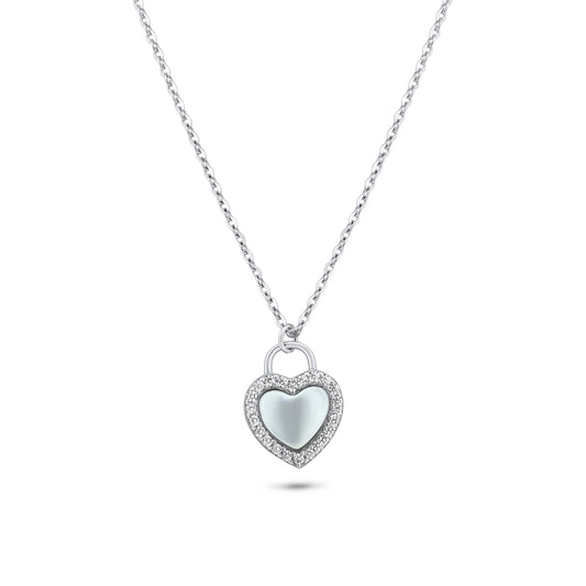 925 Sterling Silver Rhodium Plated Heart CZ Mother of Pearl Necklace