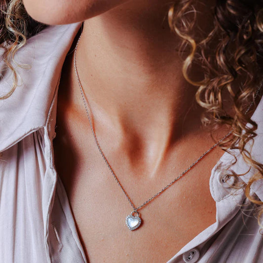 925 Sterling Silver Rhodium Plated Heart CZ Mother of Pearl Necklace