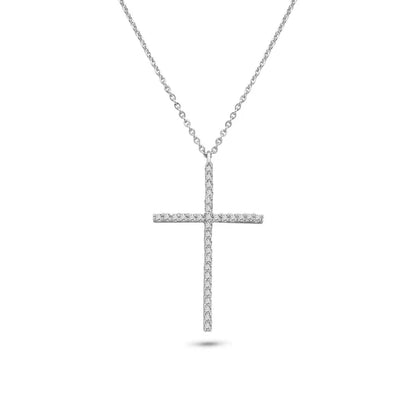925 Sterling Silver Rhodium Plated Cross CZ Necklace