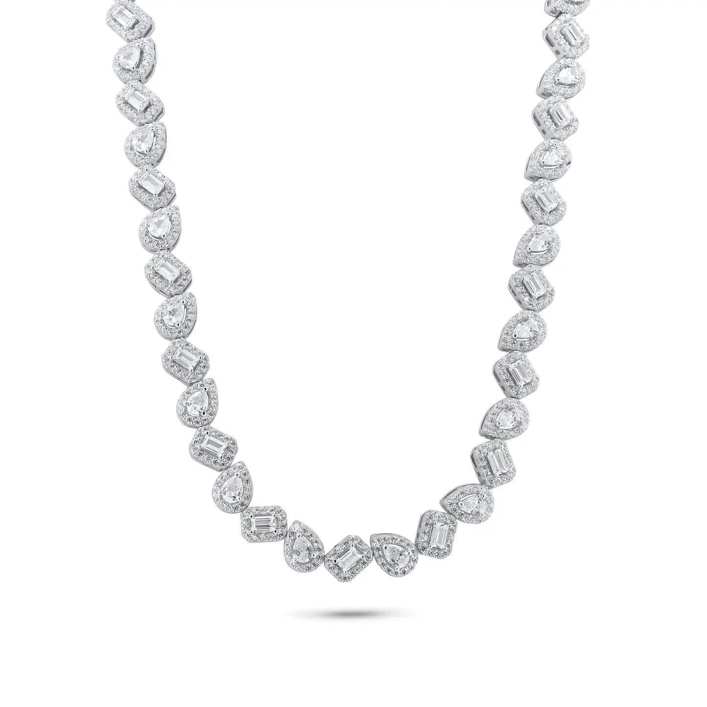 925 Sterling Silver Rhodium Plated Teardrop and Baguette CZ Stone Encrusted 7.4mm Adjustable Tennis Necklace