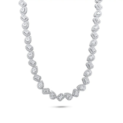 925 Sterling Silver Rhodium Plated Teardrop and Baguette CZ Stone Encrusted 7.4mm Adjustable Tennis Necklace