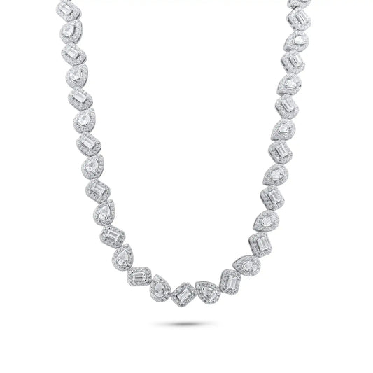 925 Sterling Silver Rhodium Plated Teardrop and Baguette CZ Stone Encrusted 7.4mm Adjustable Tennis Necklace