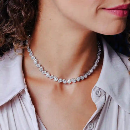 925 Sterling Silver Rhodium Plated Teardrop and Baguette CZ Stone Encrusted 7.4mm Adjustable Tennis Necklace