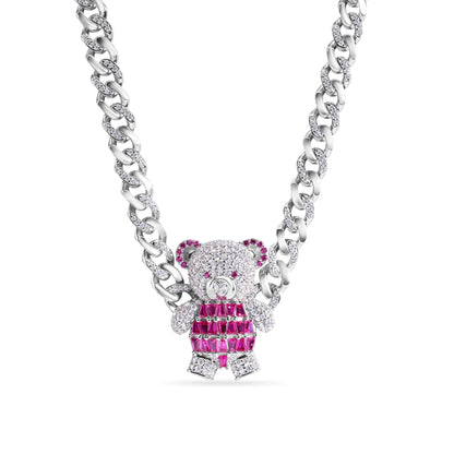 925 Sterling Silver Rhodium Plated Teddy Bear Baguette Pink and Clear CZ Encrusted Miami Cuban Link 7mm Chain