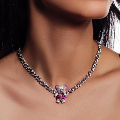 925 Sterling Silver Rhodium Plated Teddy Bear Baguette Pink and Clear CZ Encrusted Miami Cuban Link 7mm Chain