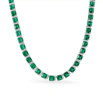 925 Sterling Silver Rhodium Plated Square Cut Green CZ 5.8mm Adjustable Length Tennis Necklace