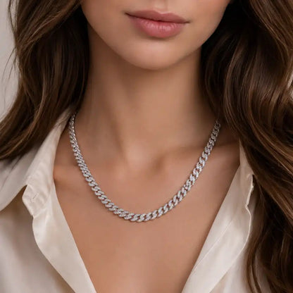 925 Sterling Silver Rhodium Plated Miami Curb Link Clear CZ 7mm Chain