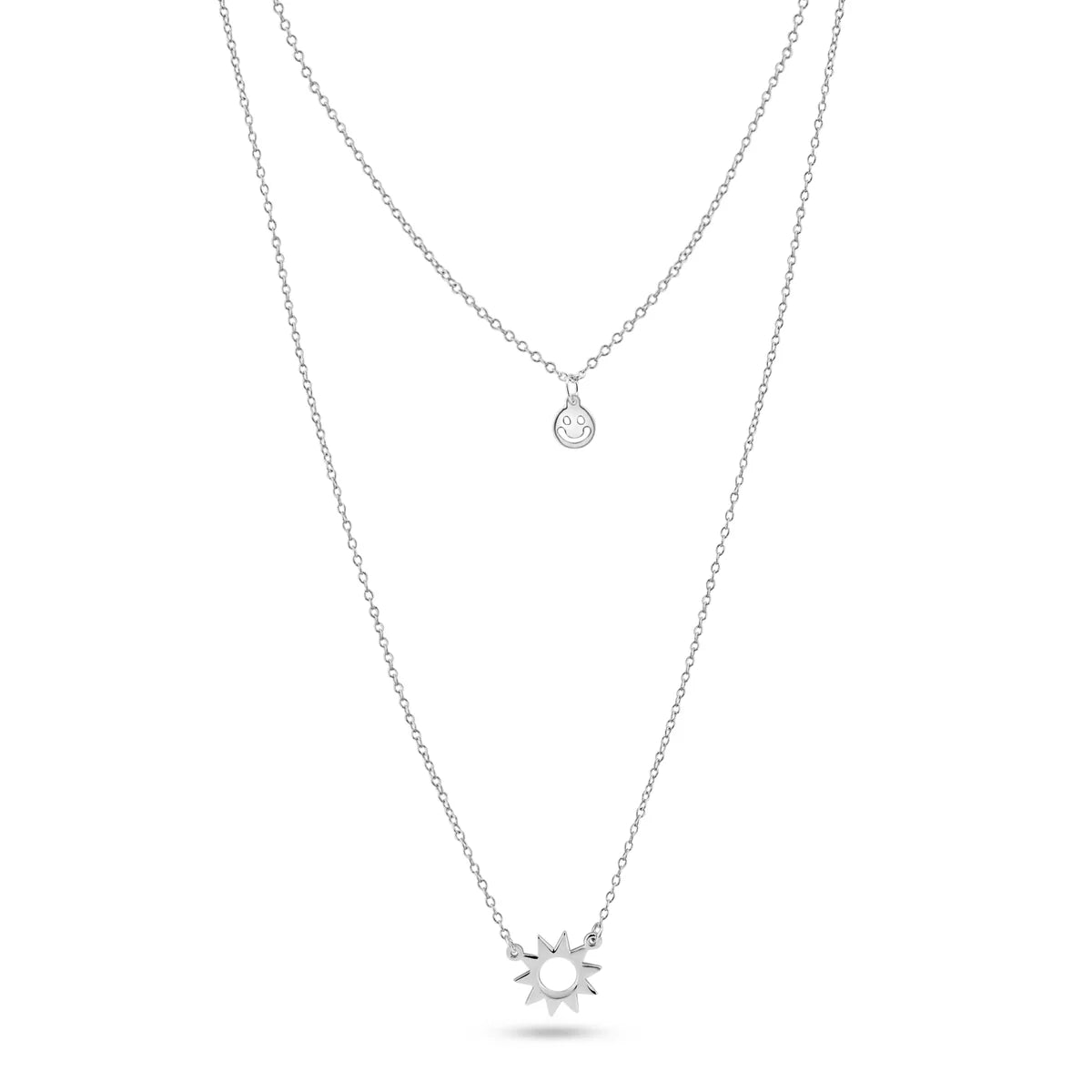 925 Sterling Silver Rhodium Plated Double Chain Open Sun Smiley Necklace