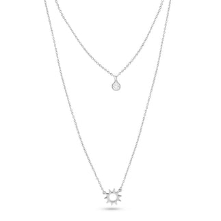 925 Sterling Silver Rhodium Plated Double Chain Open Sun Smiley Necklace