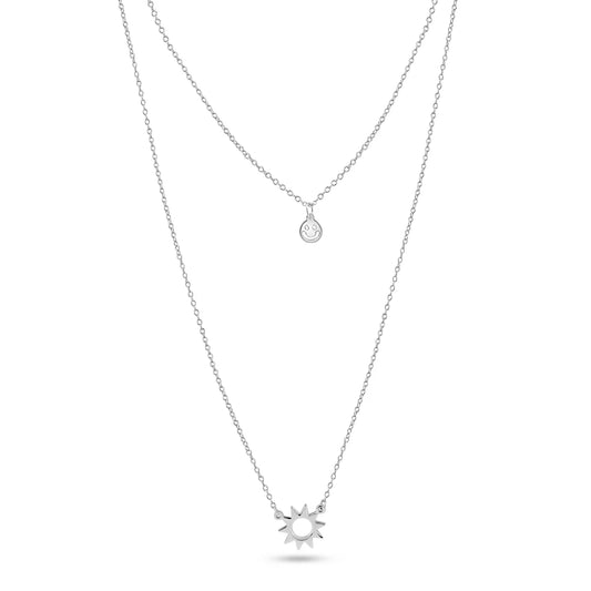 925 Sterling Silver Rhodium Plated Double Chain Open Sun Smiley Necklace
