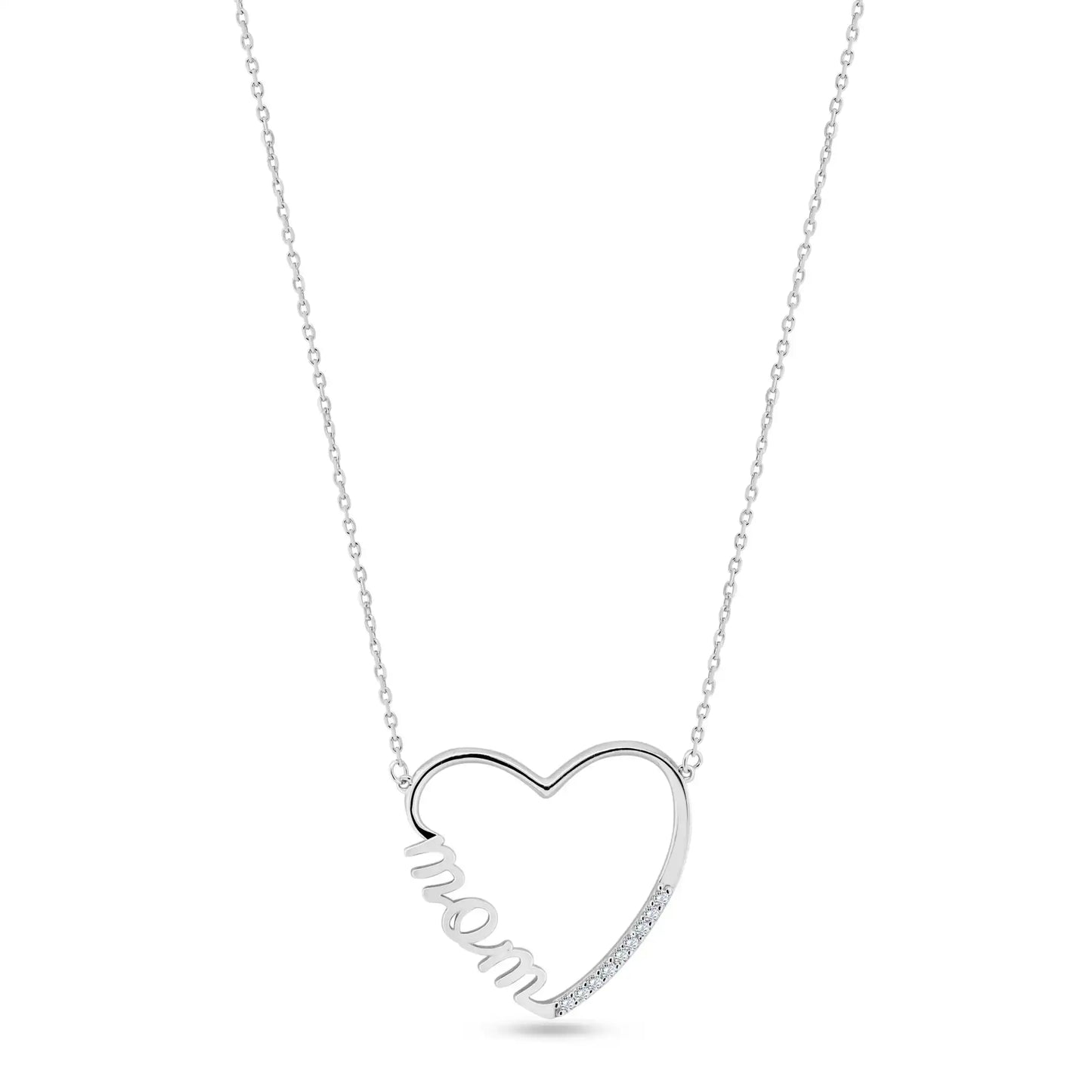 925 Sterling Silver Rhodium Plated Clear CZ Open Heart MOM Necklace