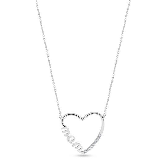 925 Sterling Silver Rhodium Plated Clear CZ Open Heart MOM Necklace