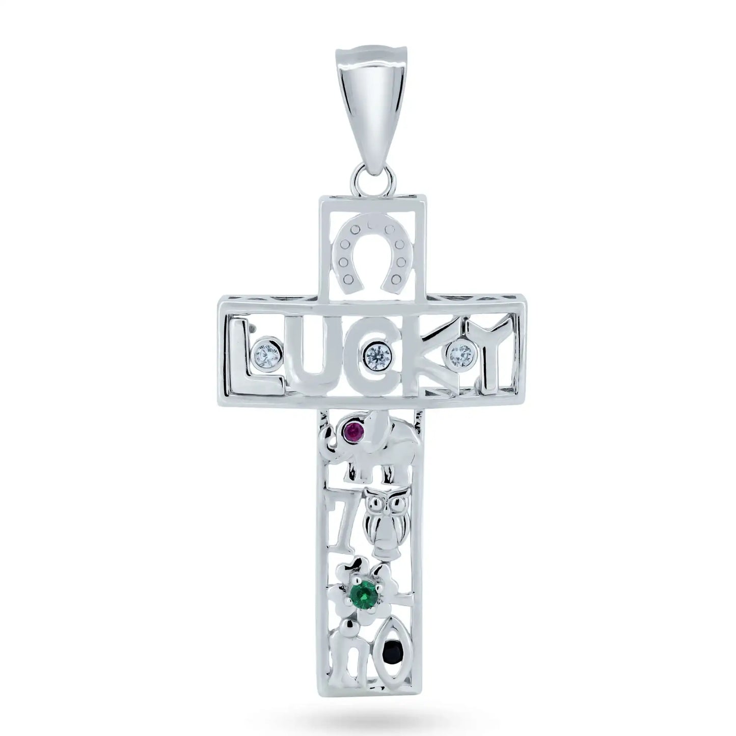 925 Sterling Silver Rhodium Plated Lucky Cross CZ Pendant