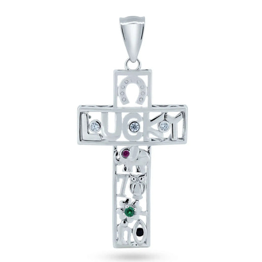925 Sterling Silver Rhodium Plated Lucky Cross CZ Pendant