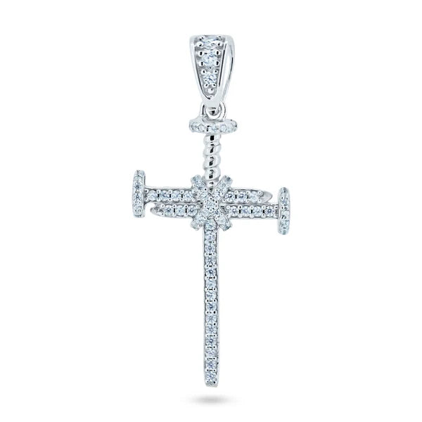 925 Sterling Silver Rhodium Plated CZ Small Nail Cross Pendant