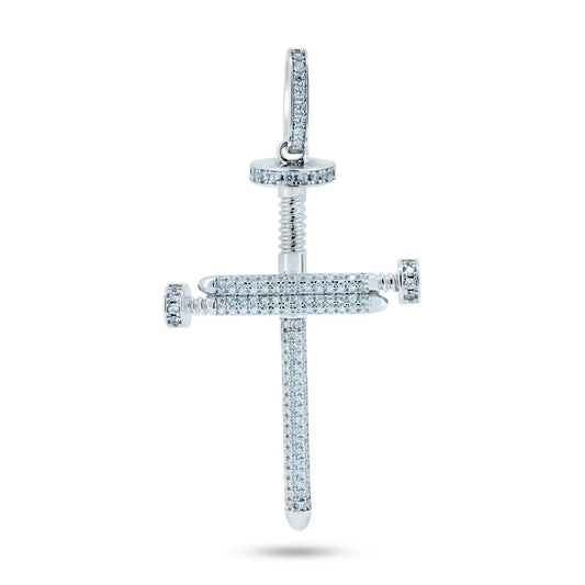 925 Sterling Silver Rhodium Plated CZ Large Nail Cross Pendant