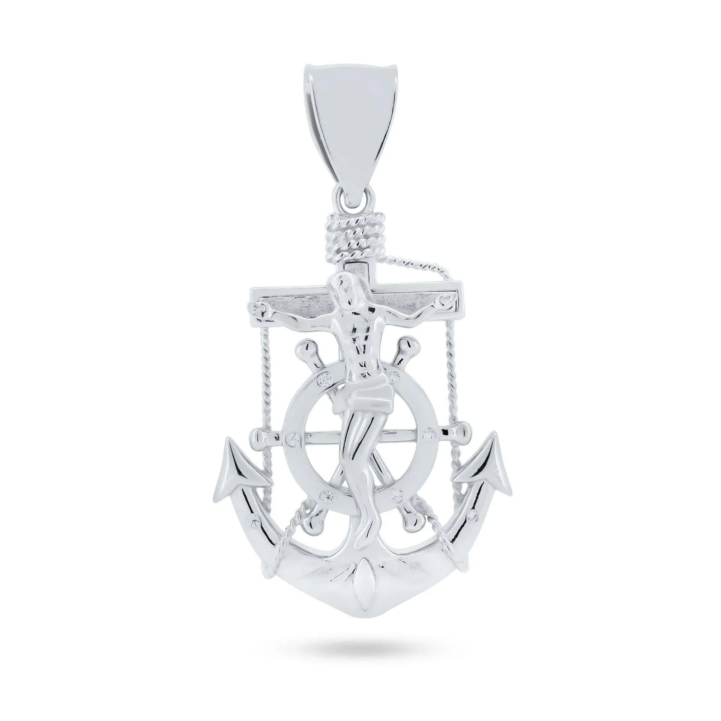 925 Sterling Silver Rhodium Plated Anchor Helm Cross CZ Pendant