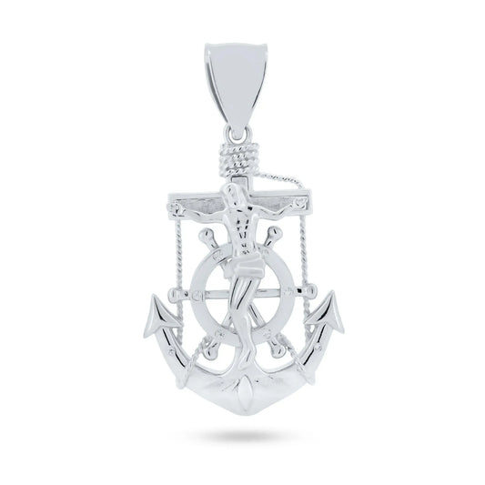 925 Sterling Silver Rhodium Plated Anchor Helm Cross CZ Pendant