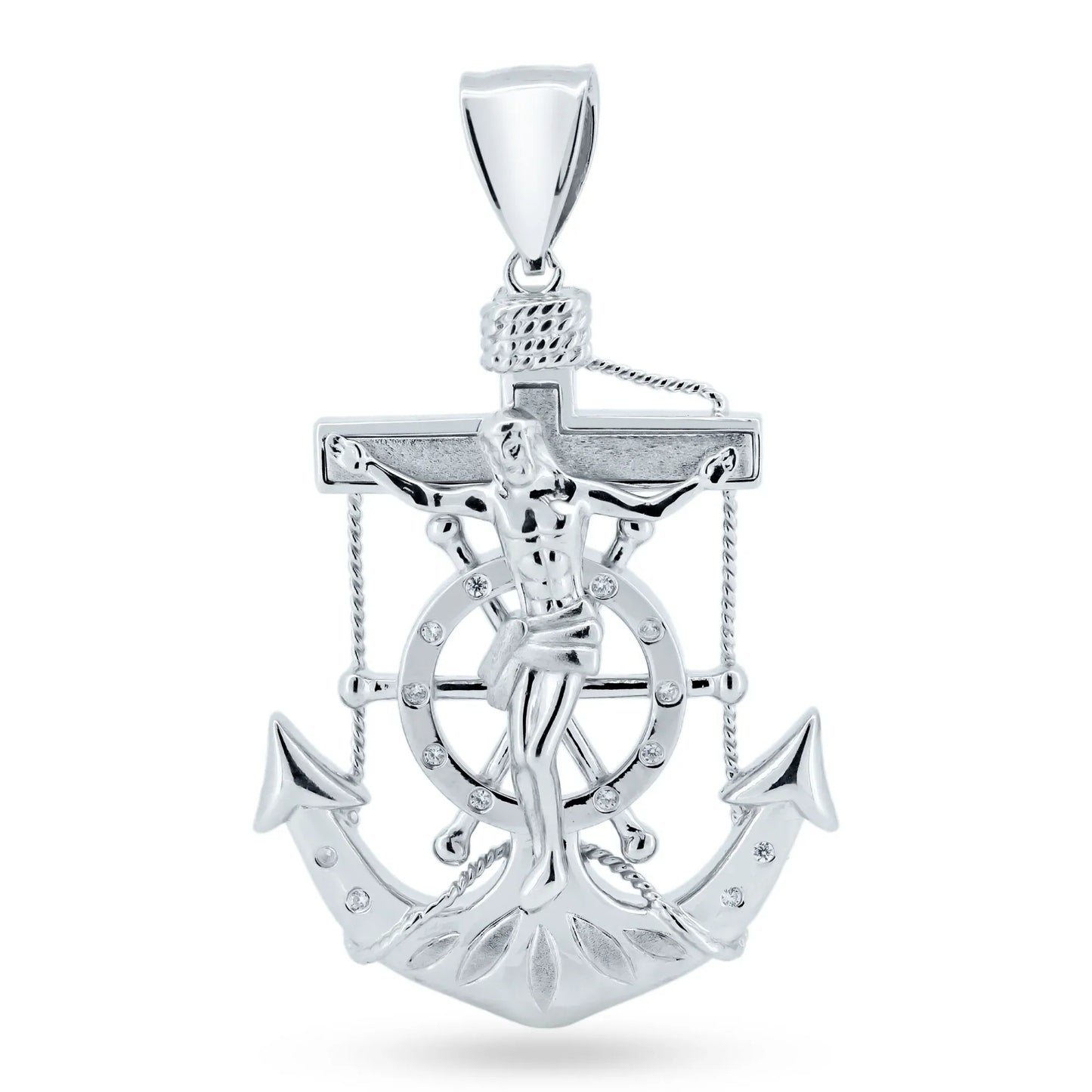 925 Sterling Silver Rhodium Plated Anchor Helm Cross CZ Pendant