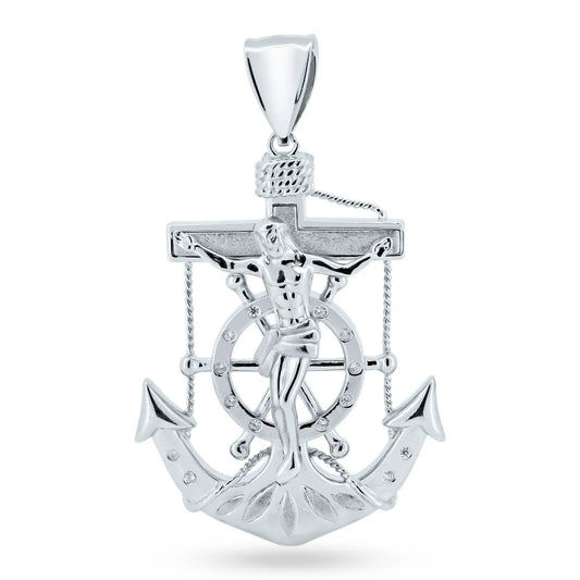 925 Sterling Silver Rhodium Plated Anchor Helm Cross CZ Pendant