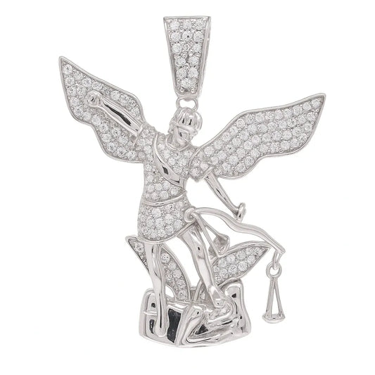 925 Sterling Silver Rhodium Plated Saint Michael Clear CZ Small Pendant