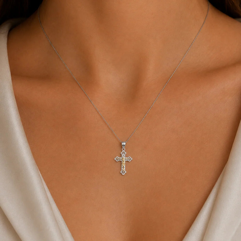 925 Sterling Silver Two-Tone Plated Filigree Crucifix Pendant
