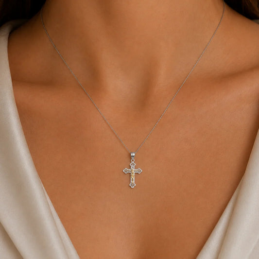 925 Sterling Silver Two-Tone Plated Filigree Crucifix Pendant