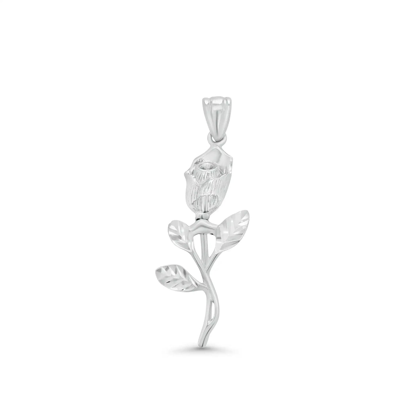 925 Sterling Silver Rhodium Plated Diamond Cut Rose Stem Pendant