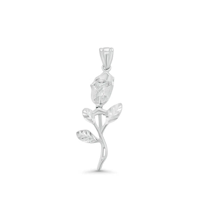 925 Sterling Silver Rhodium Plated Diamond Cut Rose Stem Pendant