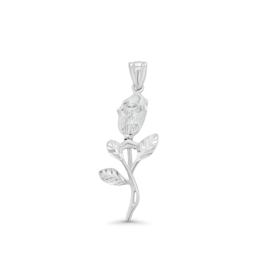 925 Sterling Silver Rhodium Plated Diamond Cut Rose Stem Pendant