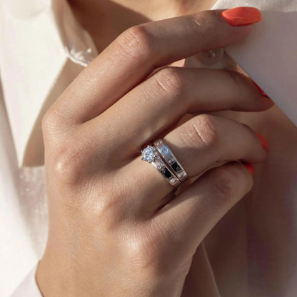 925 Sterling Silver Rhodium Plated Matte Finish 5 CZ Wedding Ring