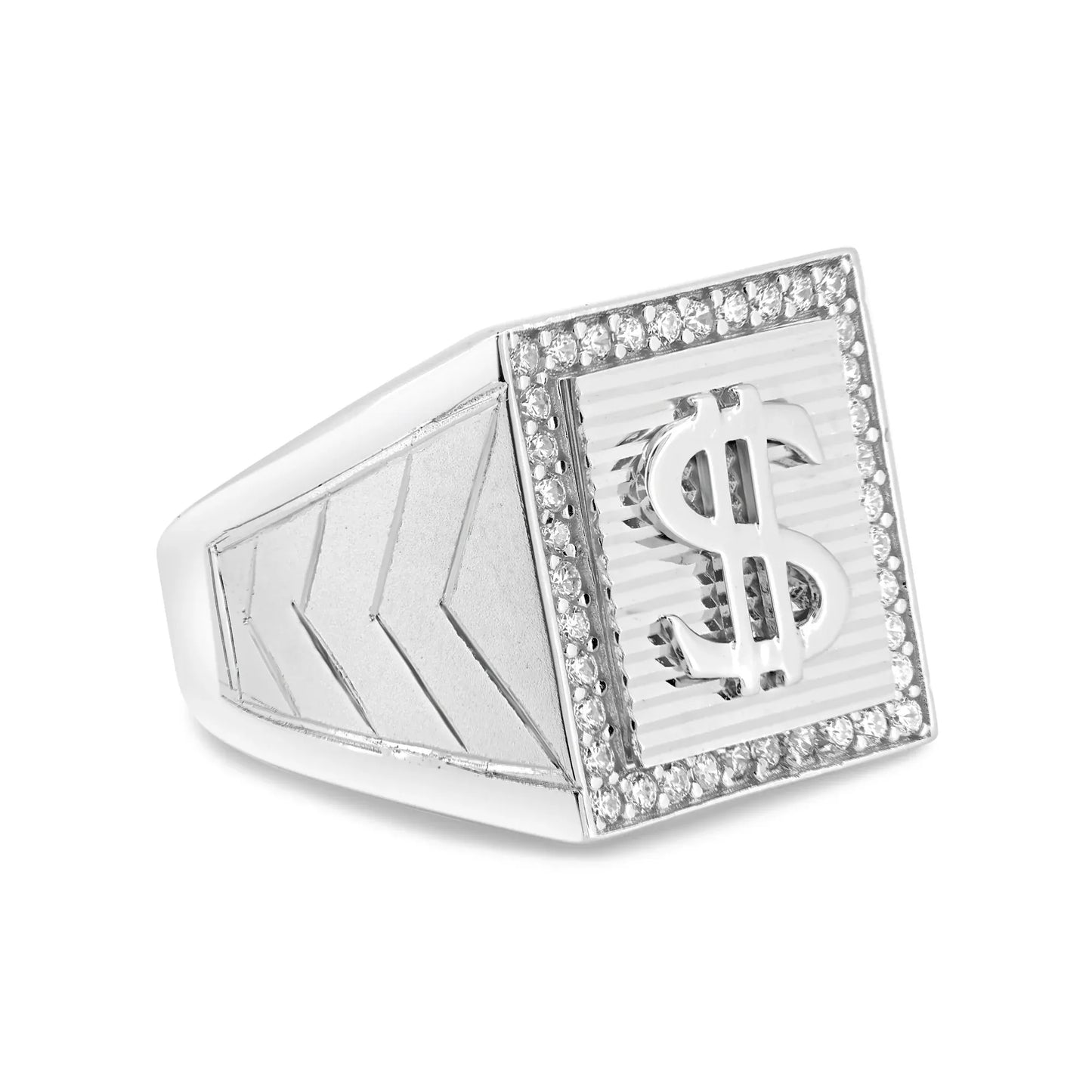 925 Sterling Silver Men's Sterling Rhodium Dollar Sign Ring with CZ