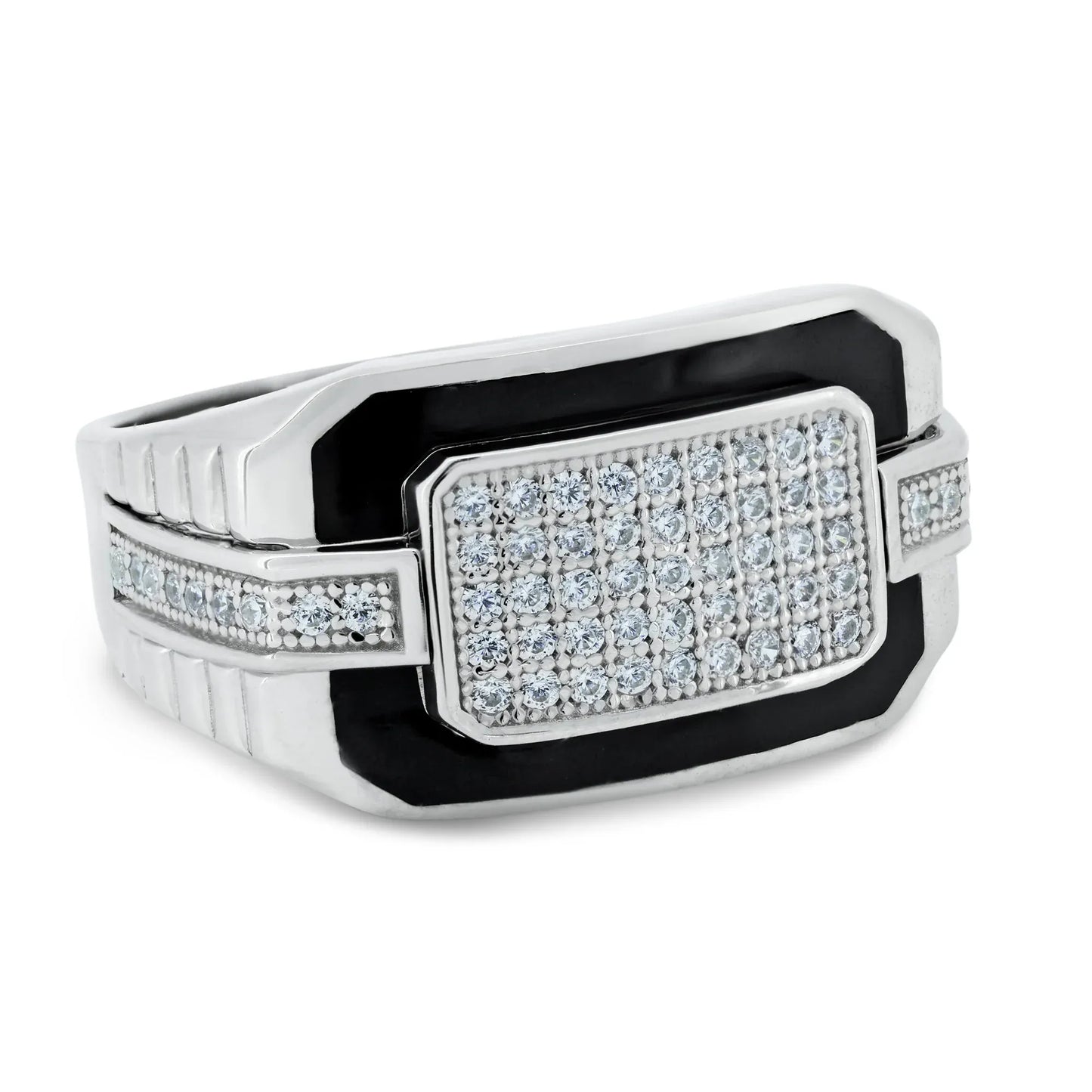 925 Sterling Silver Rhodium Plated Multi Row CZ Black Enamel Ring