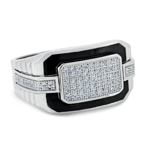925 Sterling Silver Rhodium Plated Moissanite or Cubic Zirconia Men's Multi Row Black Enamel Ring